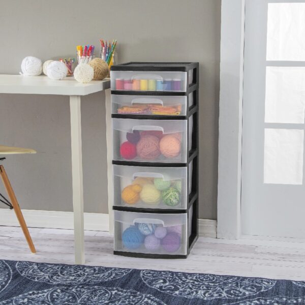 Plastic 5-Drawer Tower, Black with Clear Drawers, Adult