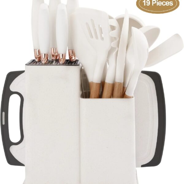 19PCS Kitchen Utensils Set for Cooking, 11 Cooking Utensils, 6 Knife set Beige,3 Utensil Sets,utensilios de cocina