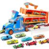 Carrier Truck with Lights & Sounds, 12 Die-Cast Metal Toy Play Vehicle with 5-FT Ejection Race Track, Metal Racing Cars for 3 4 5 6 7 8 Years Old Kids Boys Gift