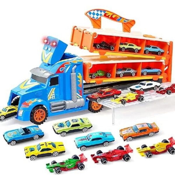 Carrier Truck with Lights & Sounds, 12 Die-Cast Metal Toy Play Vehicle with 5-FT Ejection Race Track, Metal Racing Cars for 3 4 5 6 7 8 Years Old Kids Boys Gift