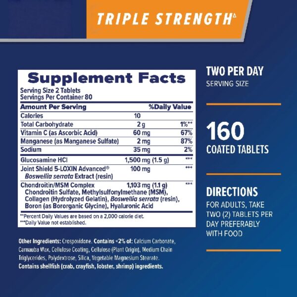 Triple Strength Joint Health Dietary Supplements, Glucosamine Chondroitin MSM, and Vitamin C Tablets, 160 Count