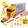 25 in 1 Construction Trucks Push and Go Car Carrier Truck Toy, Play Vehicles with Sounds and Lights, 12 Mini Diecast Trucks Included