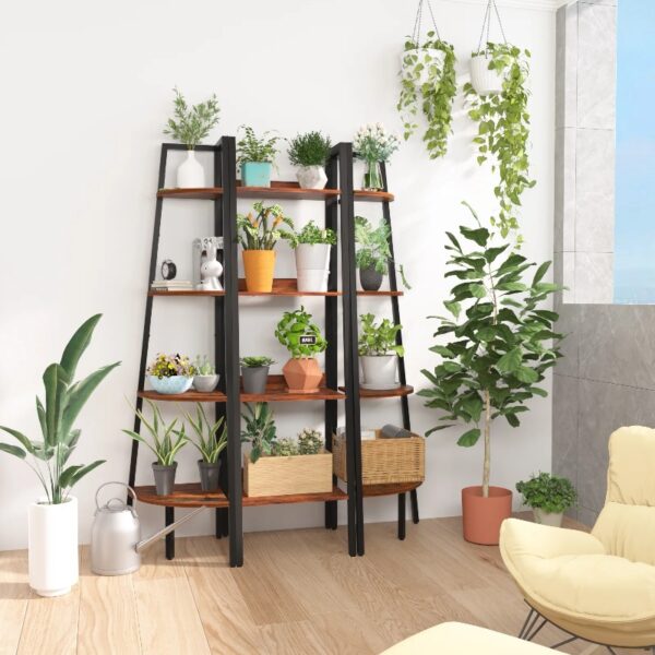Ladder Shelf, 4-Tier Corner Bookshelf for Living Room, Balcony, Home Office, Bookcase Storage & Display Shelf, Rustic Brown