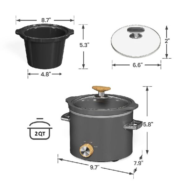 2 Quart Slow Cooker, Small Slow Cooker with Removable Ceramic Pot, Slow Cooker Food Warmer with 3 Heating Settings & Dishwasher Safe Glass Lid, Grey