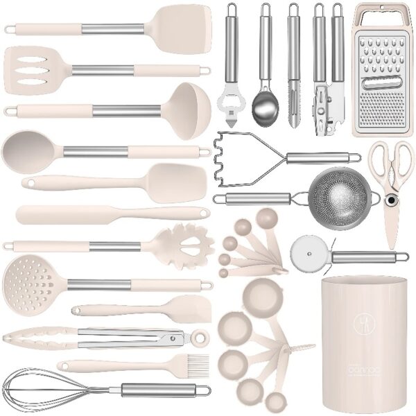 Silicone Cooking Utensils Set - Heat Resistant Silicone Kitchen Utensils for Cooking, Kitchen Utensil Spatula Set,BPA FREE Kitchen Gadgets Tools for Non-Stick Cookware Dishwasher Safe (Khaki)