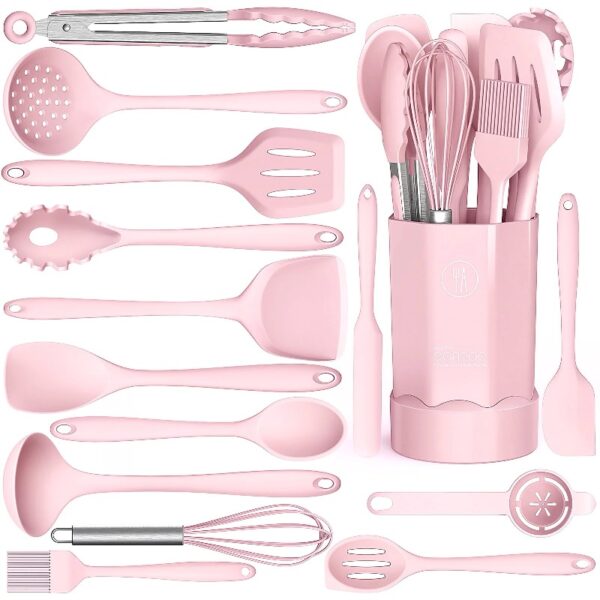 Black Silicone Cooking Utensils Set - 446°F Heat Resistant Kitchen Utensils,Turner Tongs,Spatula,Spoon,Brush,Whisk,Kitchen Utensil Gadgets Tools Set for Nonstick Cookware,Dishwasher Safe (BPA Free)