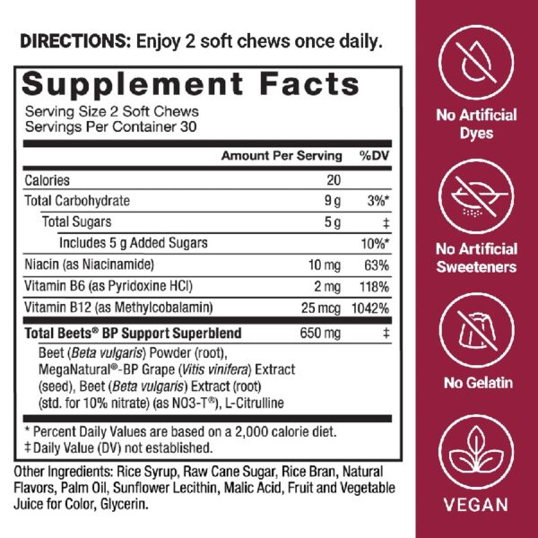 Total Beets Blood Pressure Support Soft Chews, Beetroot Gummies Alternative, Beet Supplement, 60 Chews by
