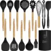 oannao Silicone Cooking Utensils Set - 446°F Heat Resistant Silicone Kitchen Utensils for Cooking,Kitchen Utensil Spatula Set w Wooden Handles,Holder, BPA FREE Gadgets for Non-Stick Cookware (Khaki)