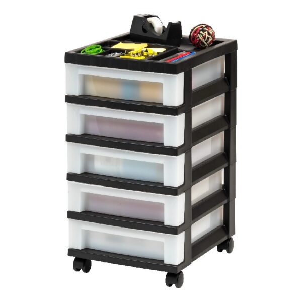 5-Drawer Narrow Plastic Storage Drawer Cart with Organizer Top, Black