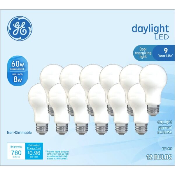 GE LED Light Bulbs, 60 Watt, Daylight, A19 Bulbs, Medium Base, Frosted Finish, 9yr, 12pk