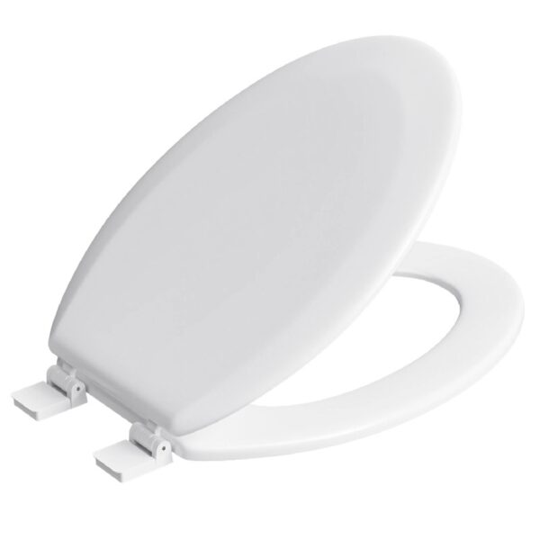 Elongated Wood Toilet Seat in White, Oval Wooden Toilet Seat, Adjustable & Easy to Clean