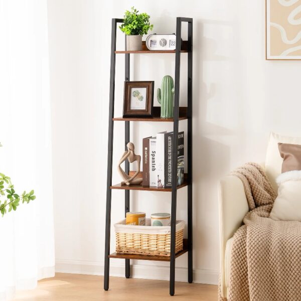 Ladder Shelf, 4-Tier Corner Bookshelf for Living Room, Balcony, Home Office, Bookcase Storage & Display Shelf, Rustic Brown