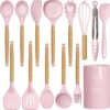 oannao Silicone Cooking Utensils Set - 446°F Heat Resistant Silicone Kitchen Utensils for Cooking,Kitchen Utensil Spatula Set w Wooden Handles,Holder, BPA FREE Gadgets for Non-Stick Cookware (Khaki)