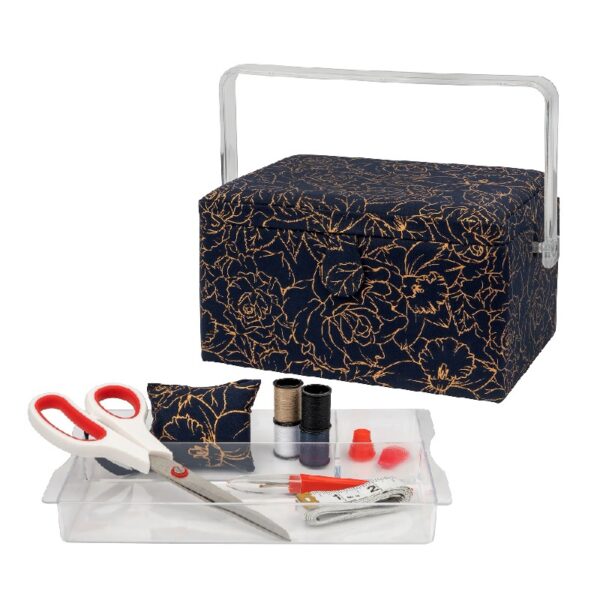 SINGER Large Premium Tackle Sewing Basket Navy Paisley Print with Notions Sewing Kit and Matching Pin Cushion