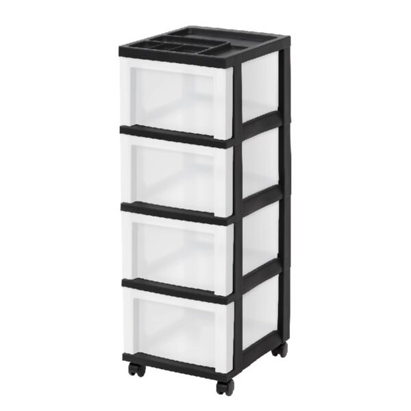 IRIS 4-Drawer Narrow Plastic Storage Drawer Cart with Organizer Top, White