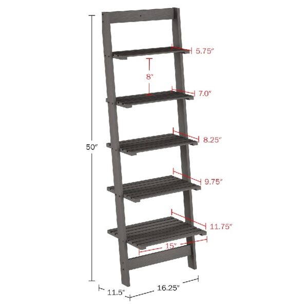 5-Tier Slatted Wood Leaning Ladder Shelf for Narrow Storage, Wooden Bookcase for Living Room, Bathroom, Kitchen, Office or Bedroom, Black Finish