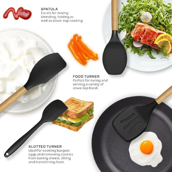 oannao Silicone Cooking Utensils Set - 446°F Heat Resistant Silicone Kitchen Utensils for Cooking,Kitchen Utensil Spatula Set w Wooden Handles,Holder, BPA FREE Gadgets for Non-Stick Cookware (Khaki)