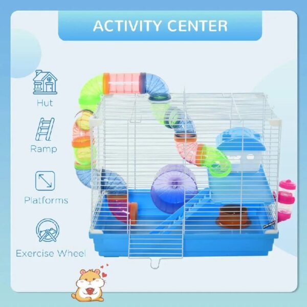 Spaco 2-Level Hamster Cage Rodent Gerbil House Mouse Mice Rat Habitat Metal Wire with Exercise Wheel, Play Tubes, Water Bottle, Food Dishes, Blue