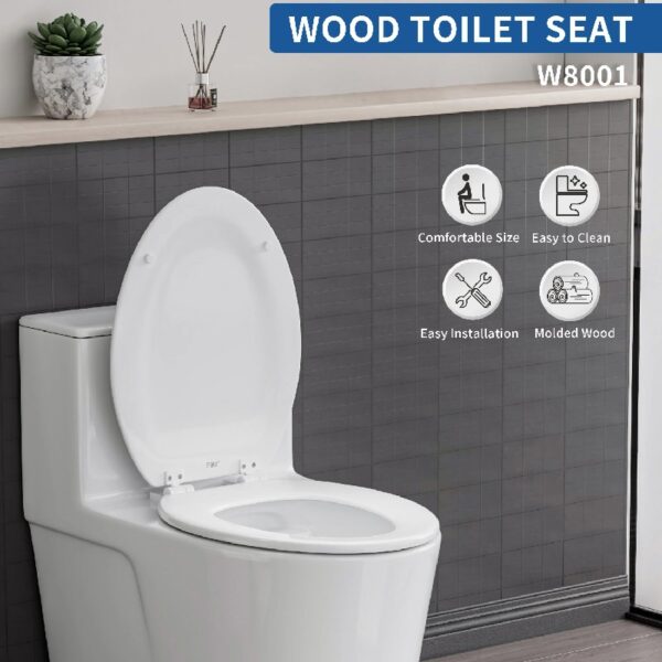 Elongated Wood Toilet Seat in White, Oval Wooden Toilet Seat, Adjustable & Easy to Clean