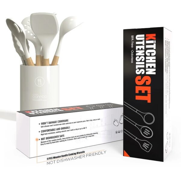 oannao Silicone Cooking Utensils Set - 446°F Heat Resistant Silicone Kitchen Utensils for Cooking,Kitchen Utensil Spatula Set w Wooden Handles,Holder, BPA FREE Gadgets for Non-Stick Cookware (Khaki)