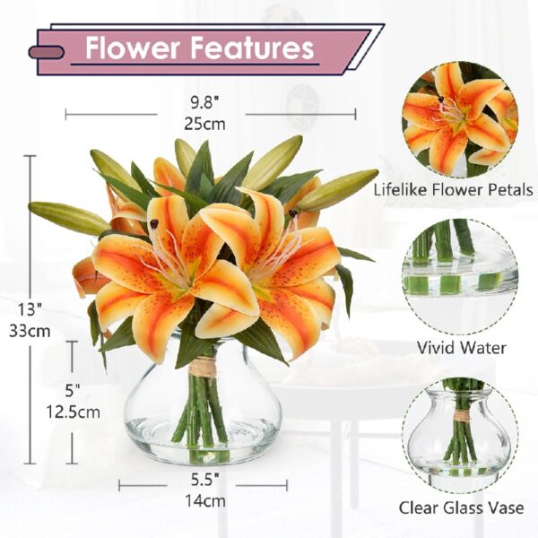 Artificial Flowers Tiger Lily with Vase Gradient Orange Lilies Silk Faux Flowers Arrangements in Glass Vase with Faux Water Fake Floral Bulk Bouquet for Home Decor Office Table Centerpiece Decoration