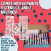 IDIY Fabric Paints, Set of 60 Colors - Bright 3D Fabric Paint - Includes Glitter, Metallic, Glow, Neon, 5 Stencils, 3 Brushes, Non-Toxic Water-Based and Permanent Puffy Effects - Craft, Gift