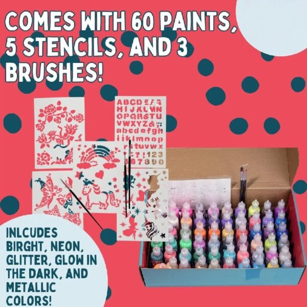 IDIY Fabric Paints, Set of 60 Colors - Bright 3D Fabric Paint - Includes Glitter, Metallic, Glow, Neon, 5 Stencils, 3 Brushes, Non-Toxic Water-Based and Permanent Puffy Effects - Craft, Gift