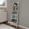5-Tier Slatted Wood Leaning Ladder Shelf for Narrow Storage, Wooden Bookcase for Living Room, Bathroom, Kitchen, Office or Bedroom, Black Finish