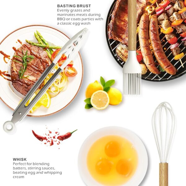 oannao Silicone Cooking Utensils Set - 446°F Heat Resistant Silicone Kitchen Utensils for Cooking,Kitchen Utensil Spatula Set w Wooden Handles,Holder, BPA FREE Gadgets for Non-Stick Cookware (Khaki)