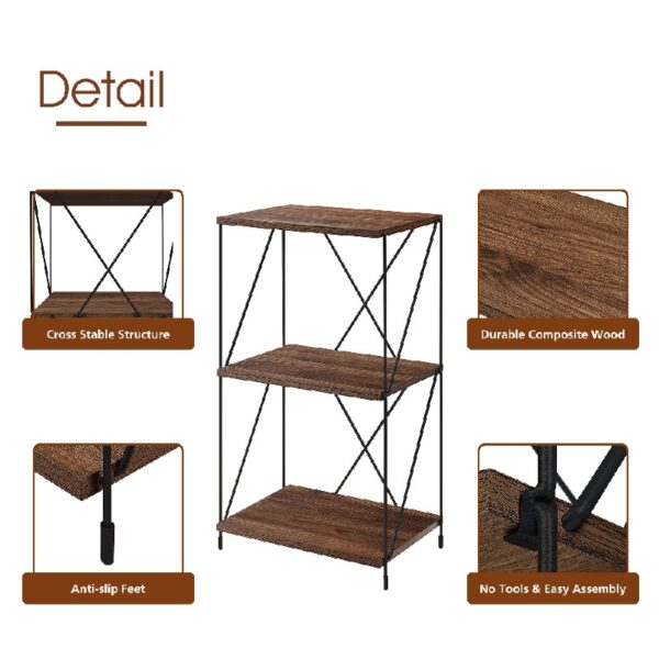 No Tools 3-Tier Bookcase ,Walnut Brown Wooden Small Book Shelf with Metal Frame For Small Spaces , Home Office