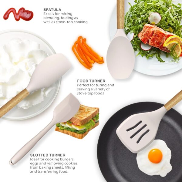 oannao Silicone Cooking Utensils Set - 446°F Heat Resistant Silicone Kitchen Utensils for Cooking,Kitchen Utensil Spatula Set w Wooden Handles,Holder, BPA FREE Gadgets for Non-Stick Cookware (Khaki)