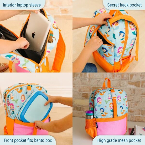 Wildkin Kids Pack-It-All 15 Inch School & Travel Backpack in Pink for Girls, Front strap for attaching Wildkin's Clip-in Lunchbox, Generously sized exterior front pocket (Mermaid Undercover)