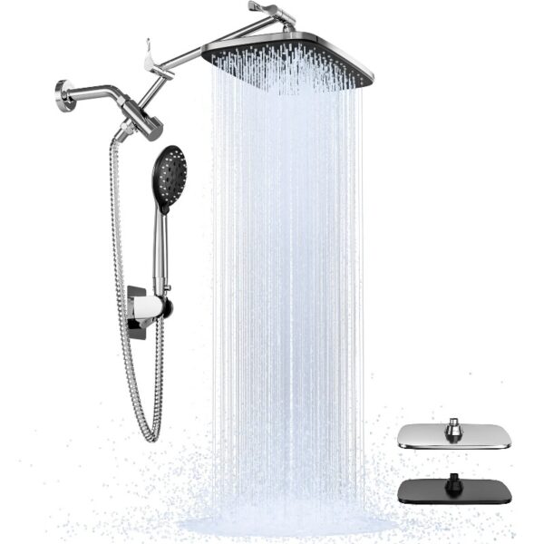 12 Inch Coverage High Pressure Rain Shower Head Combo with Adjustable Extension Arm, Wide Rainfall & 5 Modes Handheld Showerhead, Dual Anti-Clog Nozzles for Ultimate Experience, Silver Chrome