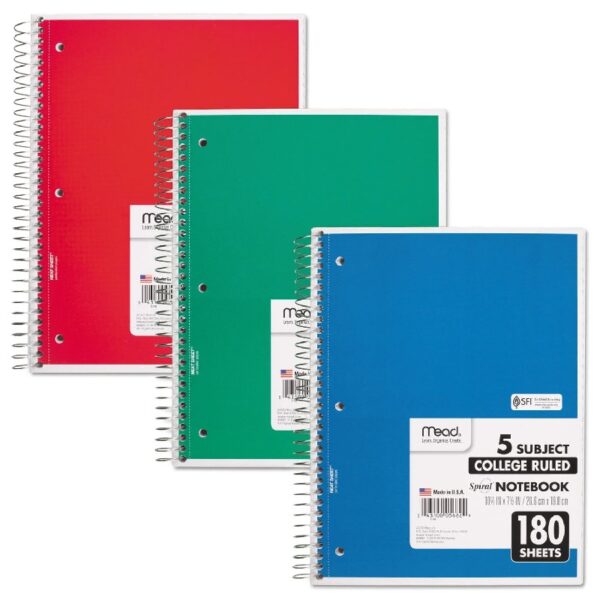3Pc Mead Spiral Notebook 5 Subject, Medium/College Rule, Randomly Assorted Covers, 10.5 x 8, 180 Sheets
