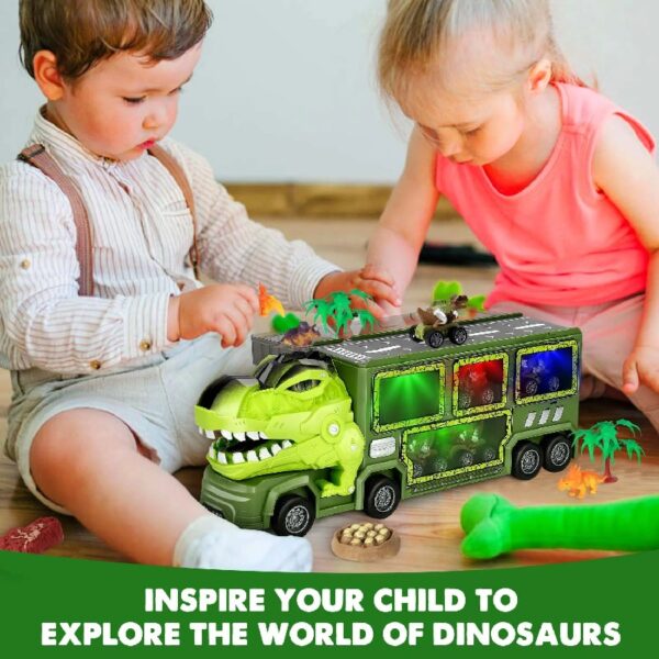 Dinosaur Truck Toys for Boys 3-6 Years, Dinosaur Truck Carrier -Tyrannosaurus Transport Car Carrier Truck with Lights, Music and Sounds, Dinosaur Play Sets for Boys Girls