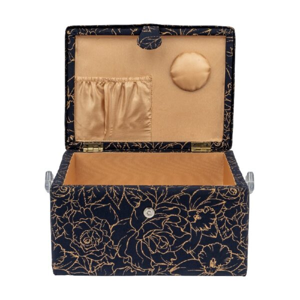 SINGER Large Premium Tackle Sewing Basket Navy Paisley Print with Notions Sewing Kit and Matching Pin Cushion