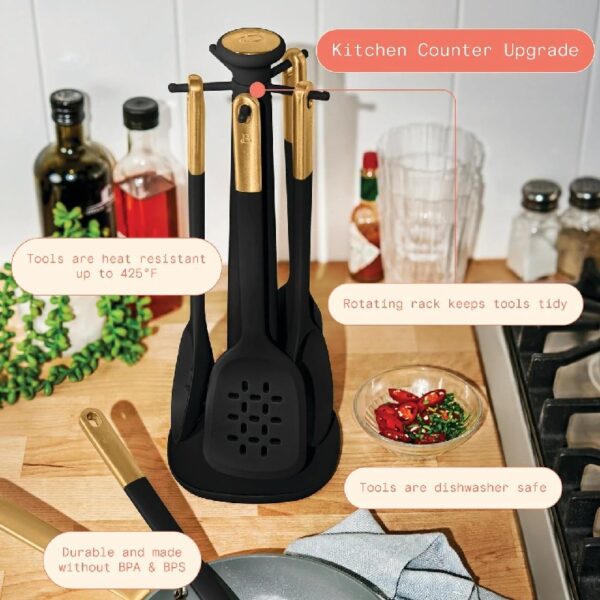 6-Piece Silicone Kitchen Utensil Tool Set with Rotating Rack by Drew Barrymore, Porcini Taupe