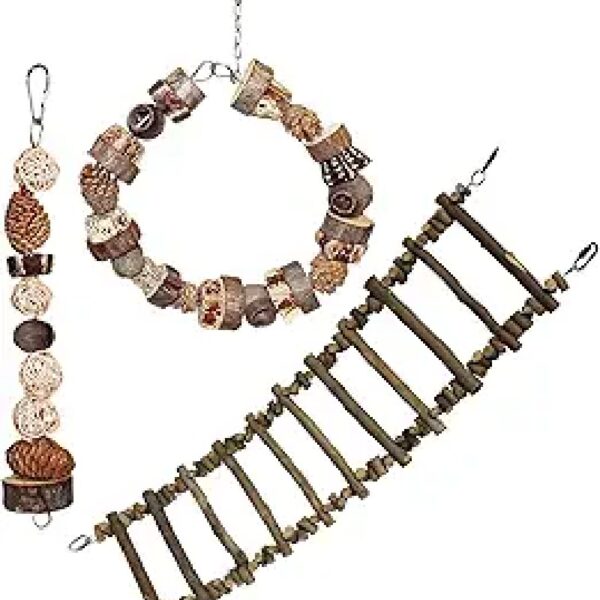 Exotic Nutrition Woodland Accessory Bundle - Natural Wood Chewing Cage Toys - Chinchilla, Hamster, Squirrel, Gerbil, & More Small Pets