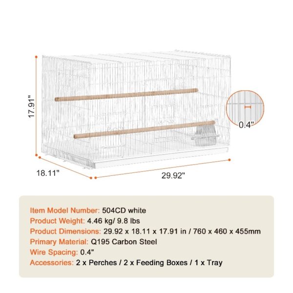 KFFKFF Avian Habitat, 18 inches, Compact Parakeet Enclosure, Robust Metallic Bird Mobility Enclosure, Portable Aviary with 2 Roosts & 2 Nourishment Bowls, Canary, Lovebird, White