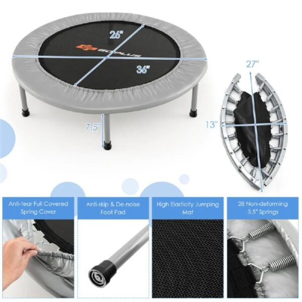 36 Inch Mini Folding Trampoline Portable Recreational Fitness Rebounder, Foldable Mini Trampoline, Fitness Rebounder for Indoor Garden-Silver