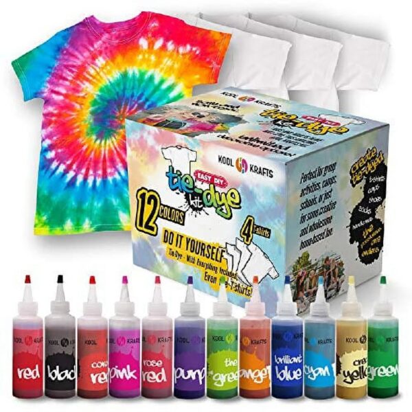 Tie Dye Kit, Tie Dye DIY T-Shirt Set, All-in-1 DIY Dye Kit - 12 Colors Tie Dye + 4 White T-Shirt, Kool Krafts,
