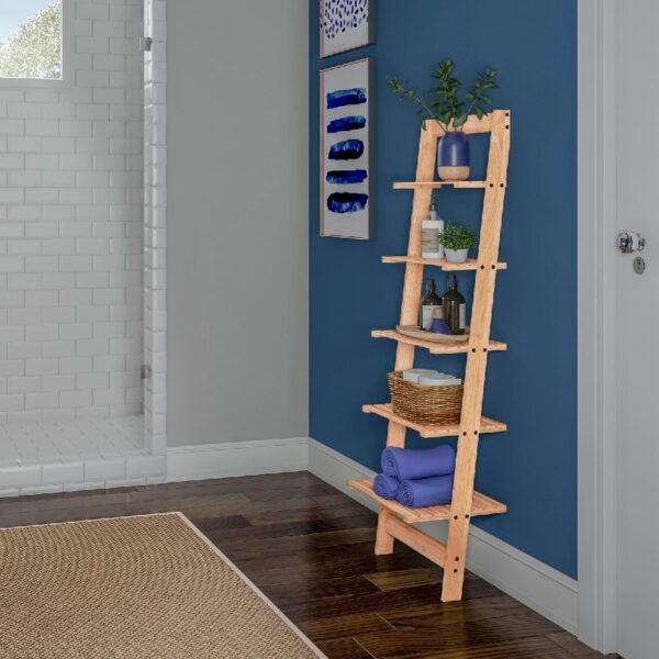 5-Tier Slatted Wood Leaning Ladder Shelf for Narrow Storage, Wooden Bookcase for Living Room, Bathroom, Kitchen, Office or Bedroom, Black Finish