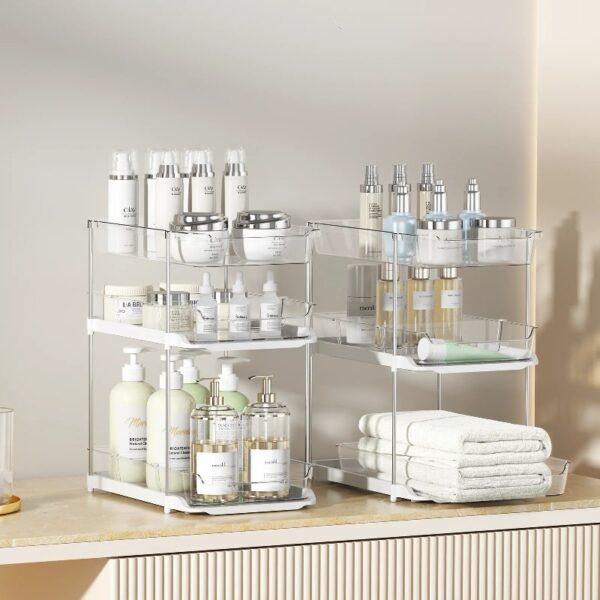 3 Tier Pull-Out Under Sink Organizer Storage, Bathroom Stackable Pantry Counter Sliding Cabinet Organization and Storage, 2 Sets
