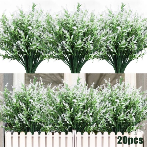 RECUTMS 20 Bundles Outdoor Artificial Plant UV Resistant Fake Plants, Faux Plastic Greenery for Indoor Outside Hanging Plants Garden Porch Window(White)