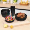 48 Pcs Wheat Straw Dinnerware Sets For 4, Unbreakable Dinnerware Sets, Reusable Wheat Straw Plates and Bowls Sets, Travel Camping Cutlery Set, Dishwasher Microwave Safe Dinnerware, Black
