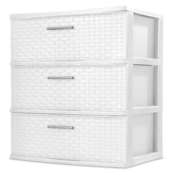 Storage Drawer, 3 Drawer Plastic Weave Wide Tower with Pull Handles, Brown