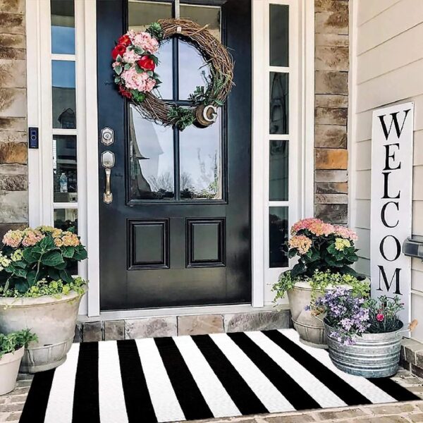 Outdoor Rugs 3 x 5ft Washable Black and White Cotton Entrance Mat Patio Front Porch Decor Area Rug