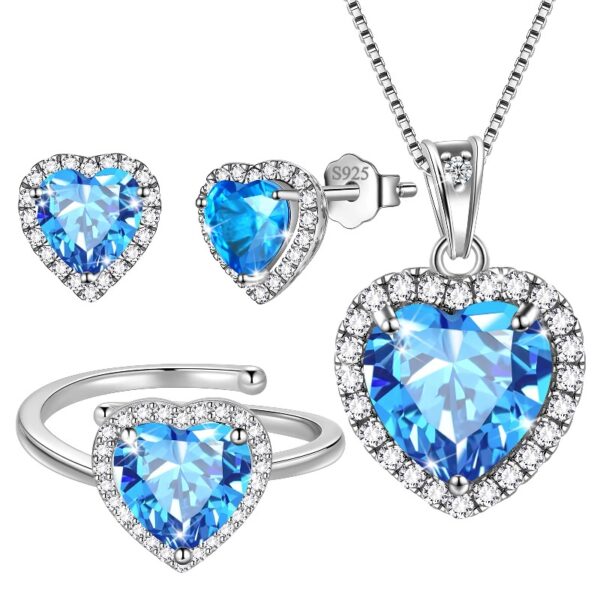 Women Heart Jewelry Set Necklace Earrings Ring 925 Sterling Silver February Birthstone Amethyst Wife Mother Birthday Valentine's Day Gift
