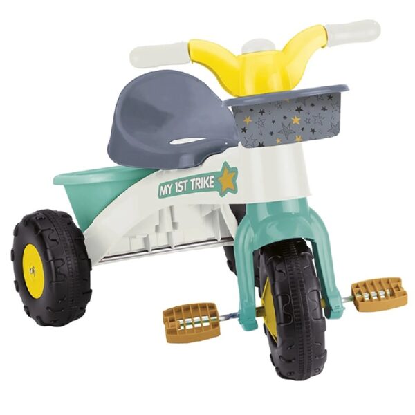 My First Trike: White, Green, Yellow - Pedal Operated 3 Wheeled Bike, 2 Baskets, Indoor & Outdoor Tricycle, Ride-On Toy, Kids Toddlers Ages 2+