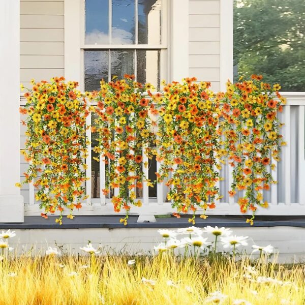 4PCS Artificial Flowers outdoor Spring Summer Decor Fake Hanging Plants UV Resistant Faux Plastic Greenery Hanging Flowers for Outside Gardens Porch Wall Home Indoor,ORANGE&YELLOW